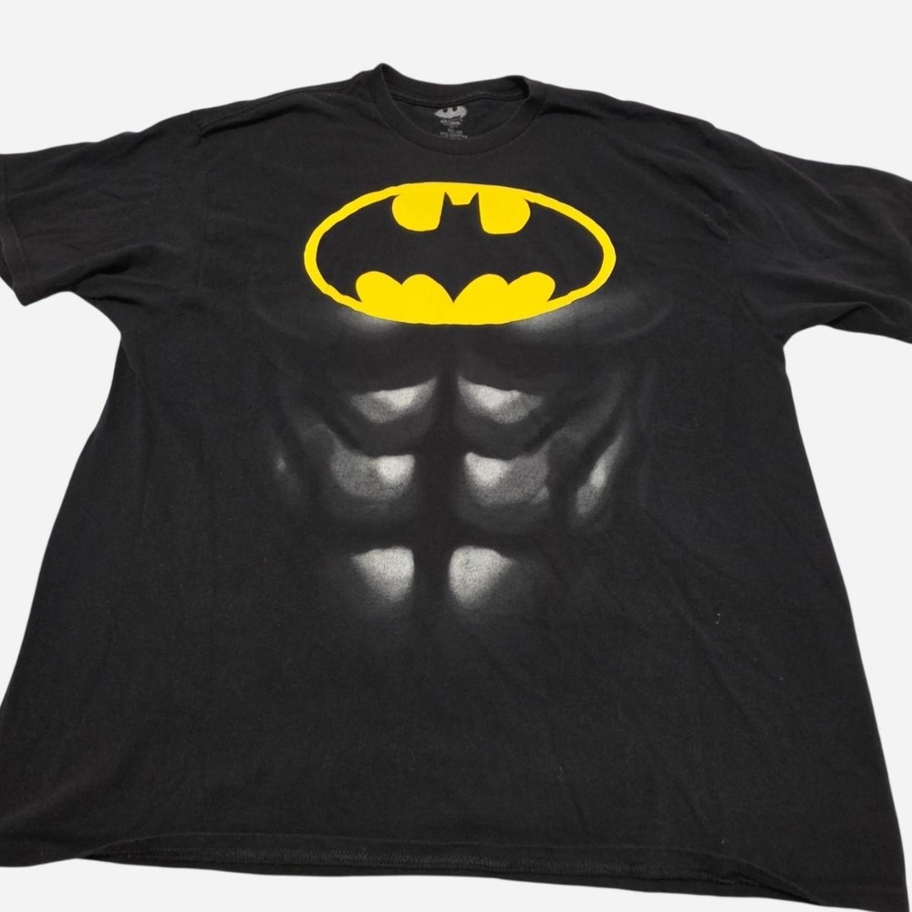 Black Batman cotton t-shirt with yellow bat logo and chest muscle design